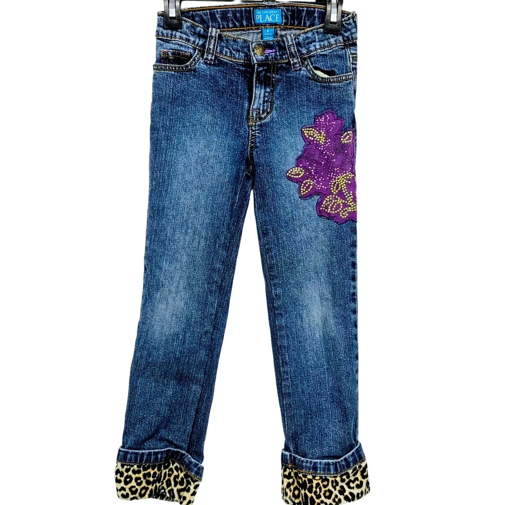 The Childrens Place Girls Blue Jeans Purple Floral Leopard Cuff Size 6‎ Y2K VNTG